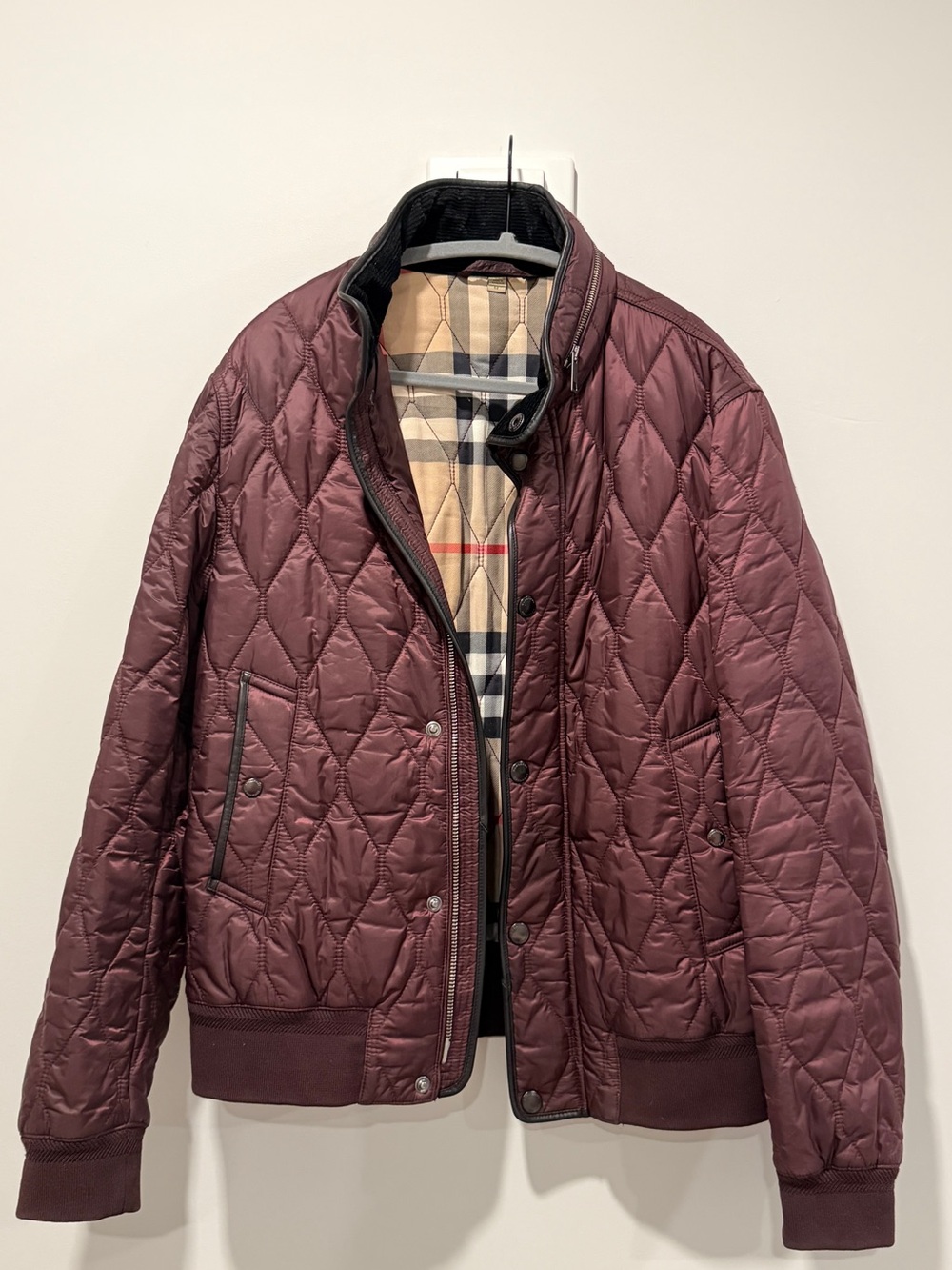 Burberry Mens Quilted Burgundy Jacket with Check Lining